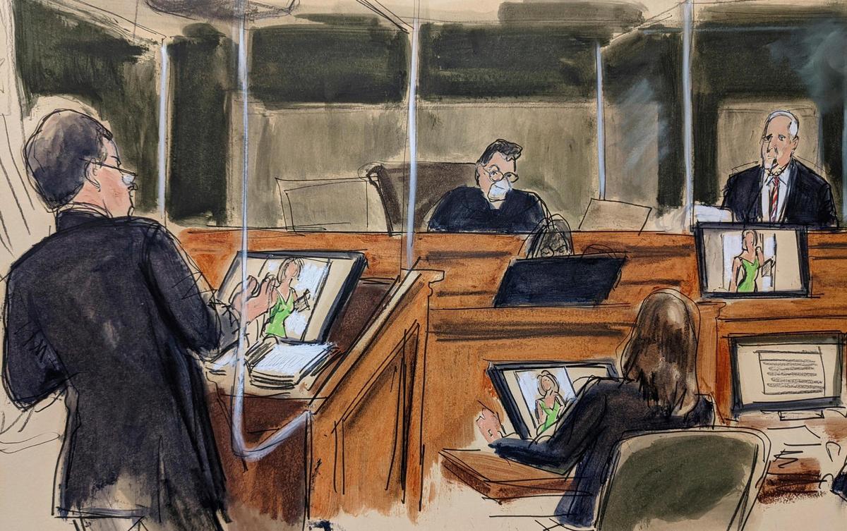 Defense attorney Christian Everdell cross-examines former Jeffrey Epstein pilot Lawrence Visoski as a photo of former Epstein assistant Sarah Kellen appears on monitors during Ghislaine Maxwell’s sex-trafficking trial, Tuesday, Nov. 30, 2021, in New York.