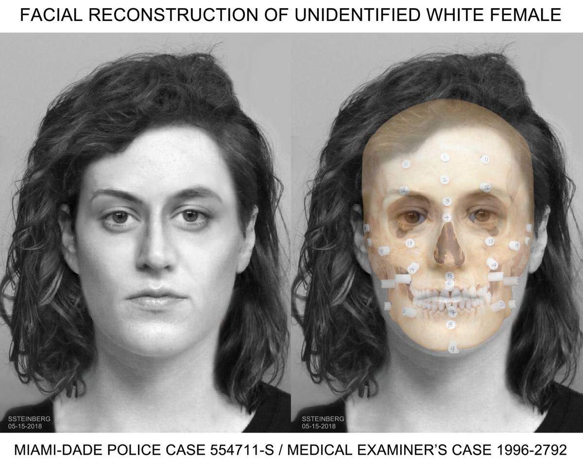 Representación artística de la policía de Miami-Dade de una mujer encontrada dentro de una caja flotando en un canal de Miami Lakes el 29 de octubre de 1996. La mujer aún no ha sido identificada.