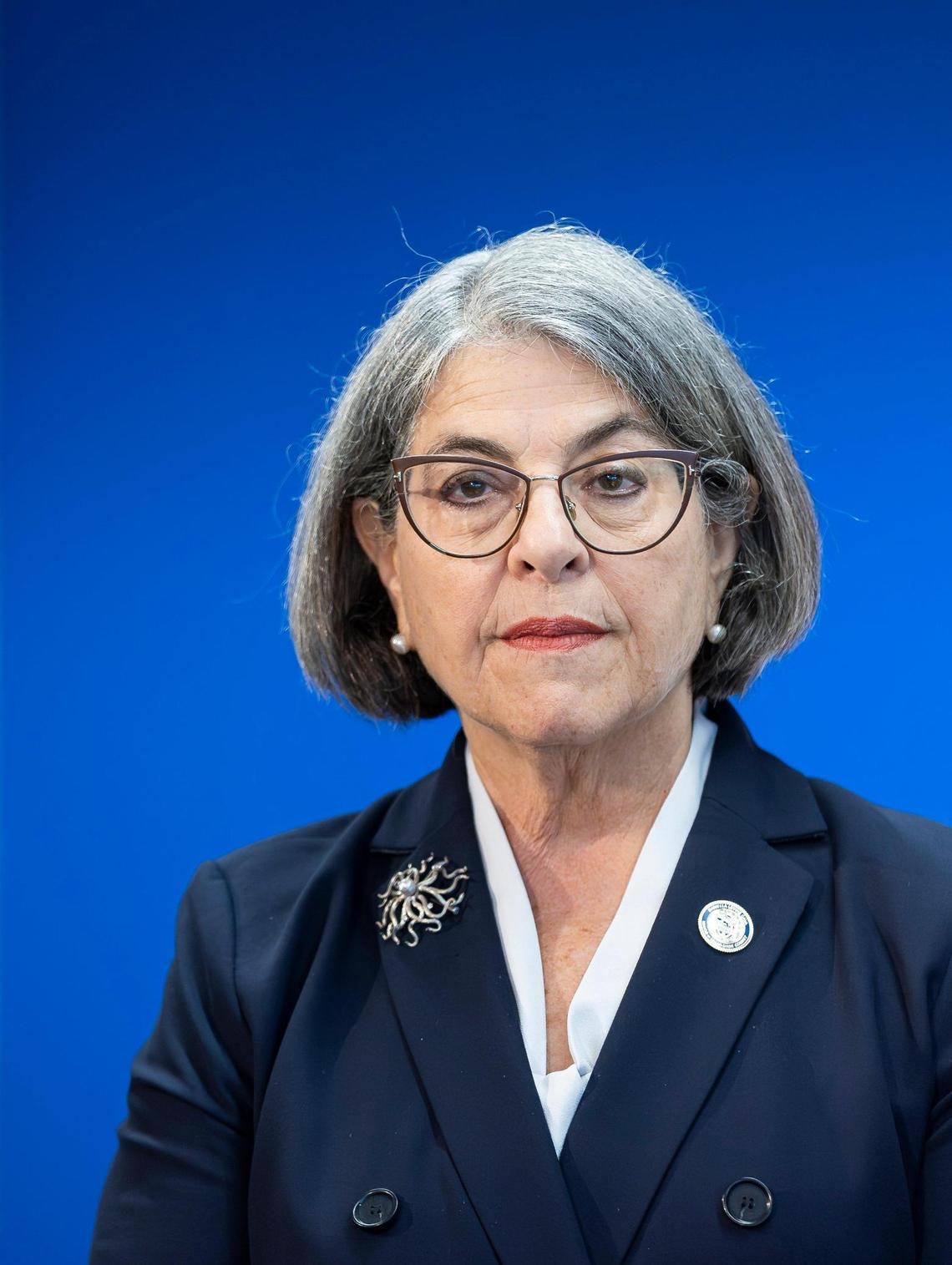 Miami-Dade Mayor Daniella Levine Cava listens to a speaker during a press conference at the Stephen P. Clark Center on Friday, April 11, 2025, in downtown Miami.