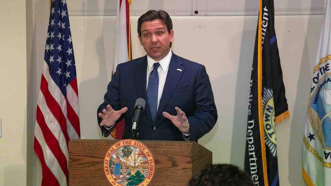 Gov. Ron DeSantis makes remarks at the Palm Beach Police Department, on February 29, 2024.