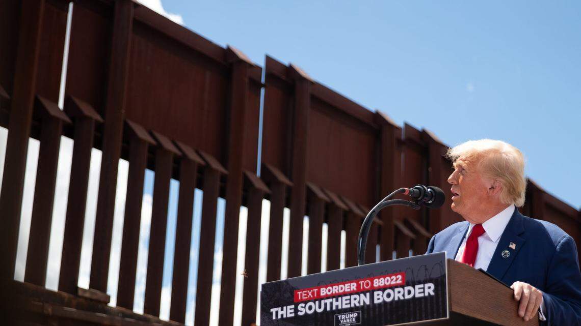 Former President Donald J. Trump gives remarks at the border on Aug. 22, 2024, at Montezuma Pass in Arizona.