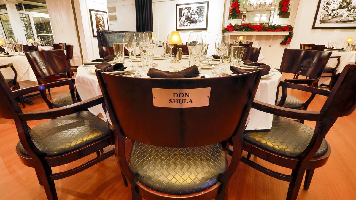 A chair sports the name â€˜Don Shulaâ€™ at Shula’s Steak House which is celebrating 30 years in business, in Miami Lakes, Florida, on Tuesday, December 17, 2019.