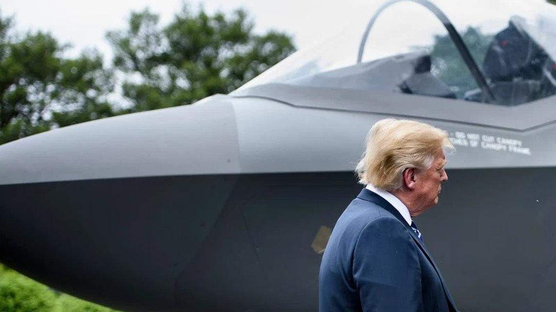 President Trump stands with an F-35 on the South Lawn of the White House in July 2018.