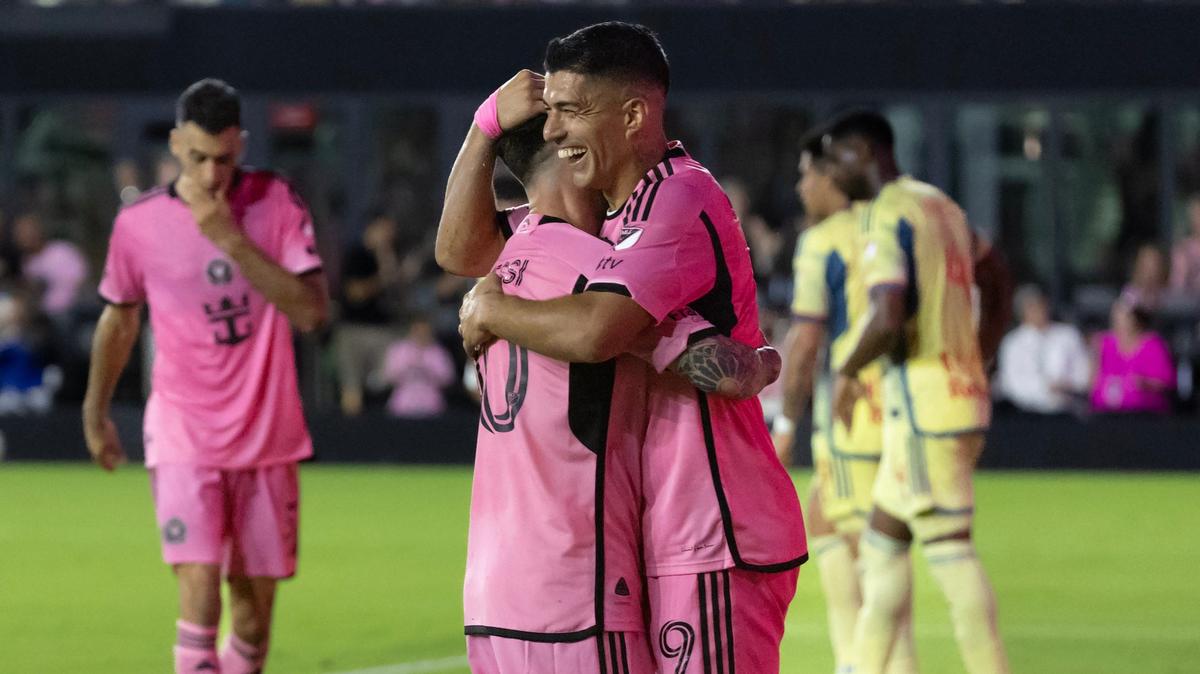 Inter Miami forward Luis Suárez (9) celebrate with teammate Inter Miami forward Lionel Messi (10) after scoring a goal in the second half of their MLS match against the New York Red Bulls at Chase Stadium on Saturday, May 4, 2024, in Fort Lauderdale, Fla.