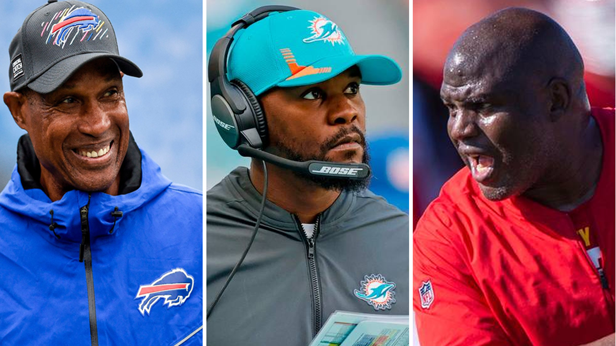 From left, Leslie Frazier, Brian Flores and Eric Bieniemy. 