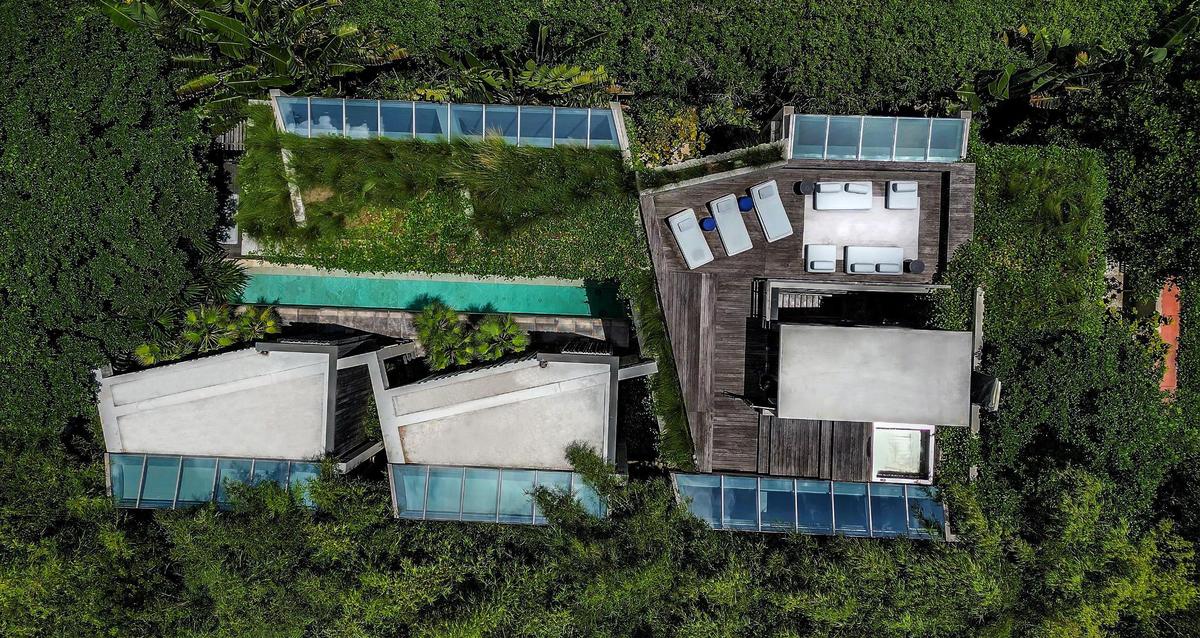An aerial view of a house in Miami Beach designed by Miami architect René Gonzalez, which features a green roof along side cool roofs painted white to reflect the sun’s heat.
