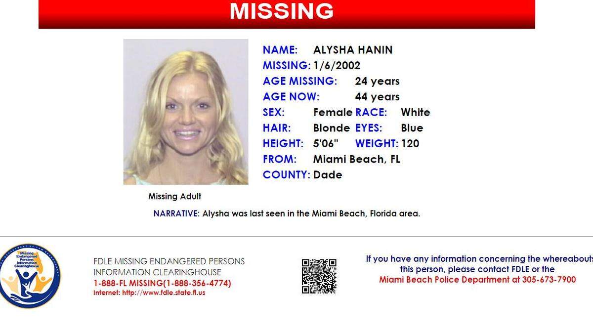 A flyer with information about Alysha Hanin, who was last seen in Miami Beach two decades ago.