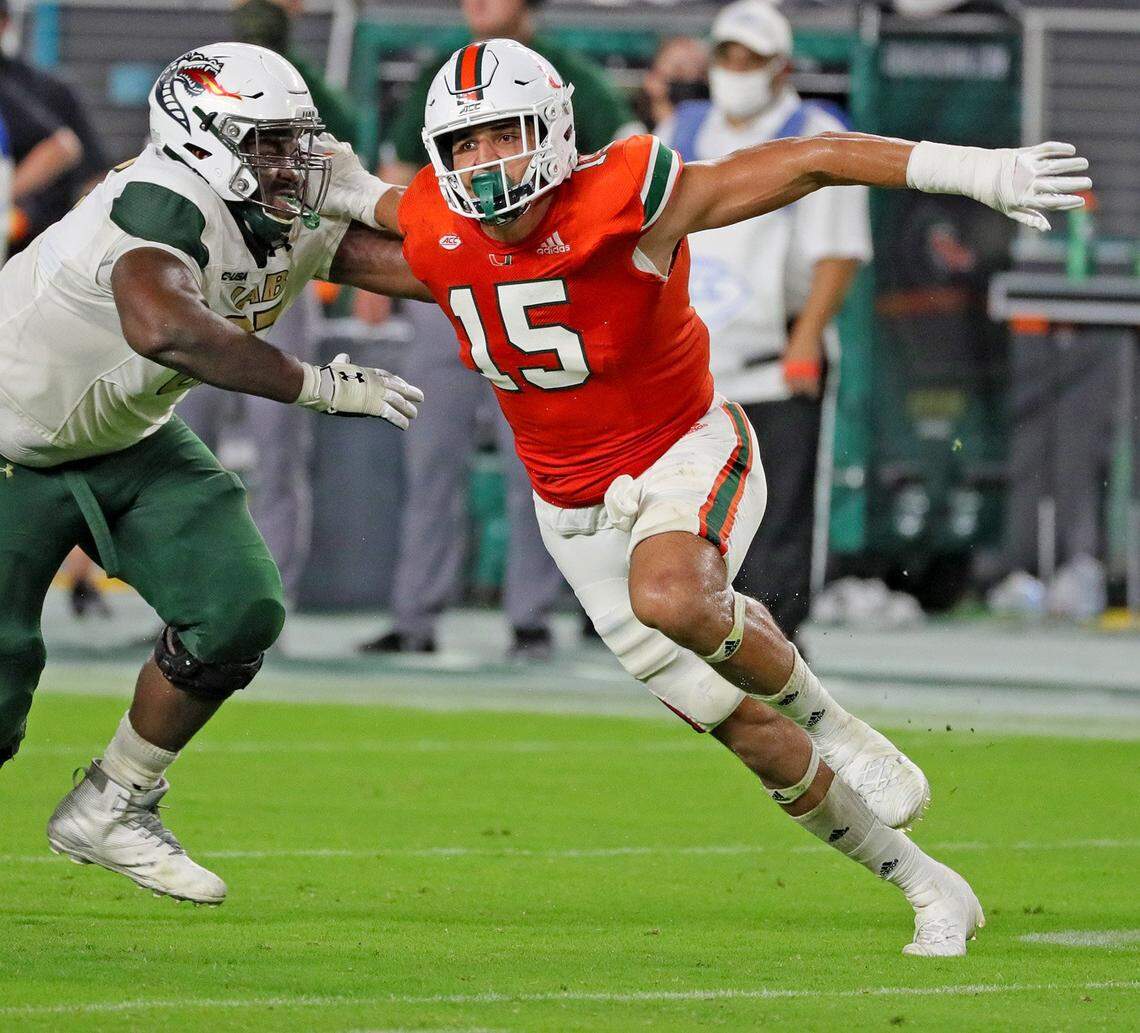 UM’s defensive lineman Jaelan Phillips (15) in the third quarter as the University of Miami hosts the UAB Blazers at Hard Rock Stadium in Miami Gardens on Thursday, September 10, 2020.