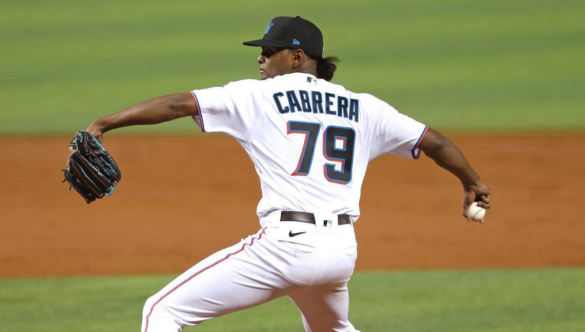 Miami Marlins pitcher Edward Cabrera (79) pitches against the Washington Nationals during the third inning of their baseball game at loanDepot park on Wednesday, August 25, 2021 in Miami, Florida.