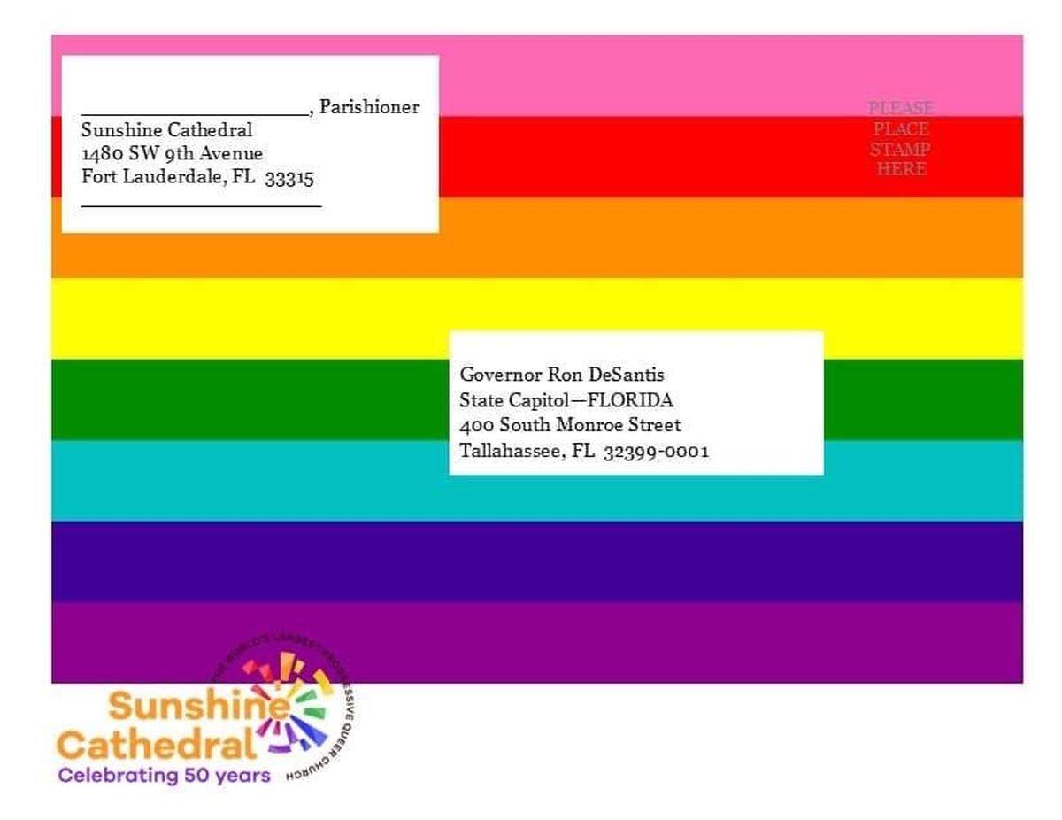 Picture of the back of the postcard sent to Gov. DeSantis by Sunshine Cathedral.