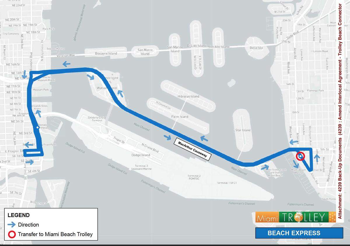 Miami's transportation staff has a draft route for a potential trolley from downtown Miami to South Beach. Riders on Miami's trolley system would be able to transfer to Miami Beach's trolleys south of Fifth Street.