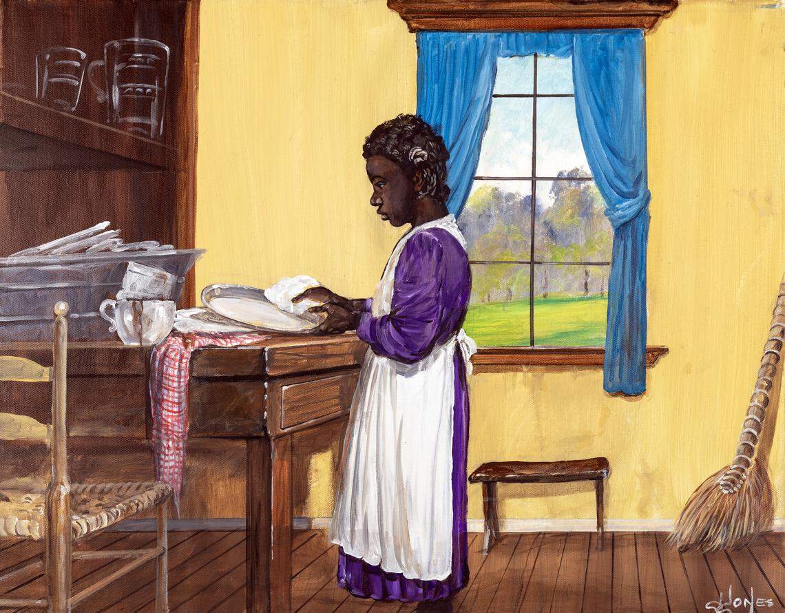 The African American Research Library and Cultural Center is hosting an exhibition called To Be Sold: Enslaved Labor and Slave Trading, featuring paintings by John W. Jones of domestic work during slavery. This piece is “A Likely Girl.”