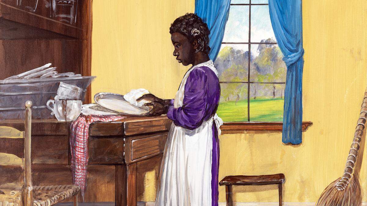 The African American Research Library and Cultural Center is holding an exhibition called To Be Sold: Enslaved Labor and Slave Trading, featuring paintings by John W. Jones of domestic work during slavery. This piece is “A Likely Girl.”