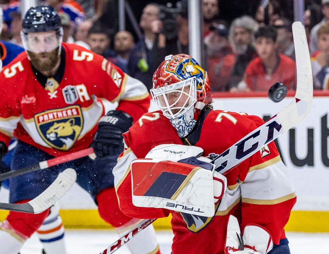 Sunrise, Florida, June 24, 2024 - Florida Panthers goaltender Sergei Bobrovsky (72) slaps away a shot during second period action in game 7 of the Stanley Cup Final at Amerant Arena in Sunrise, Florida.