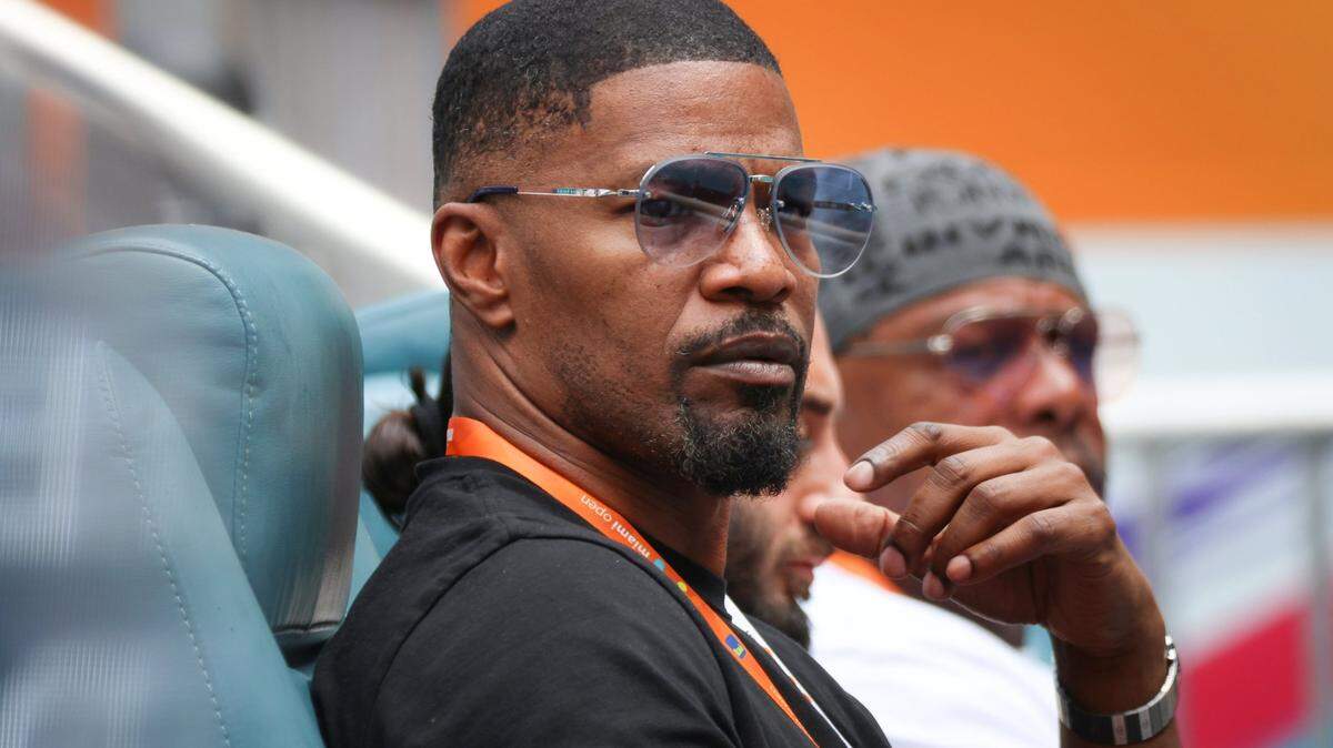 Actor/comedian Jamie Foxx watches the match betweenAmerican tennis player Christopher Eubanks (ranked: 119) and Russian tennis player Daniil Medvedev (ranked: 5) in the quarterfinal round of the men’s singles during the Miami Open at Hard Rock Stadium in Miami Gardens, Florida on Thursday, March 30, 2023.
