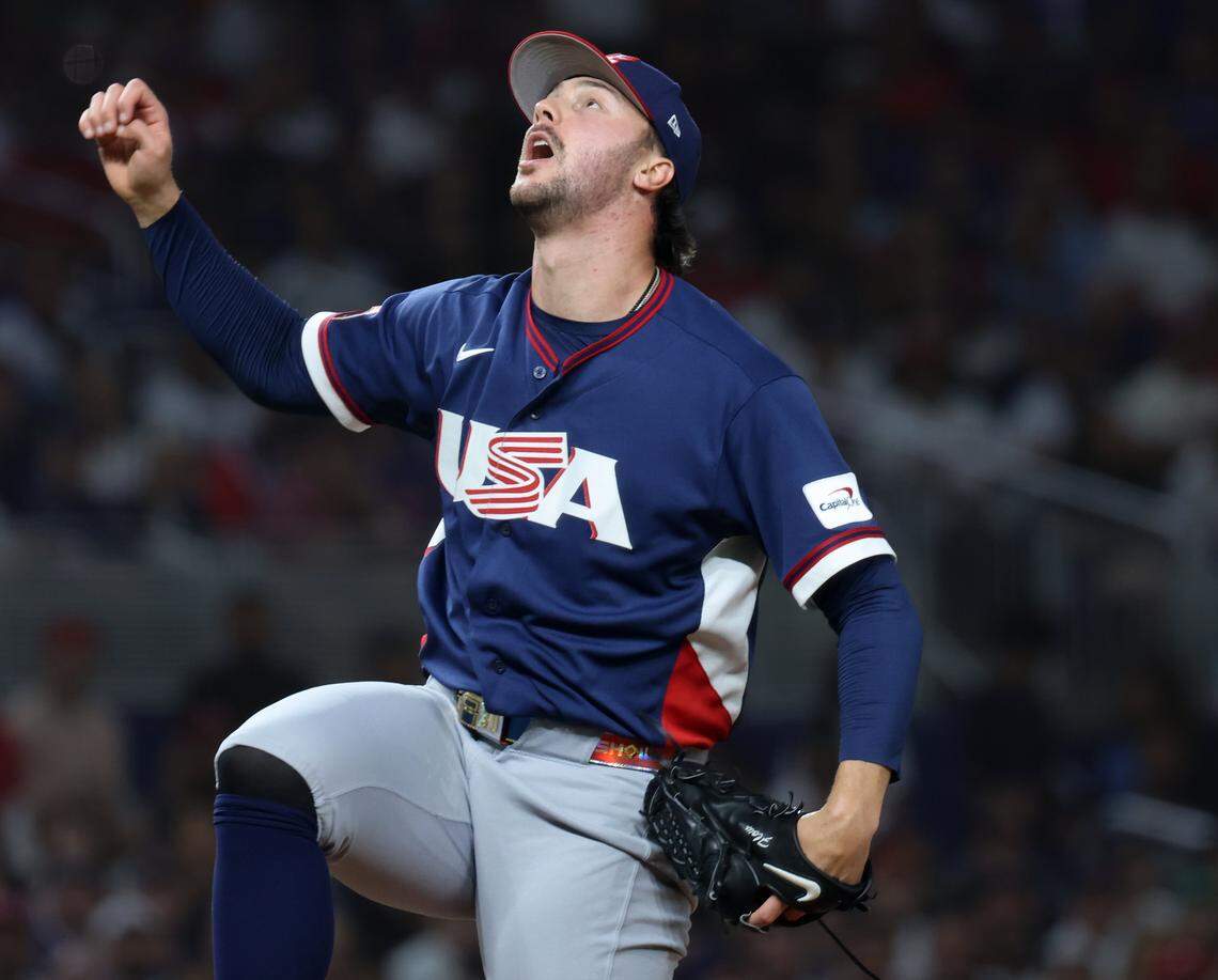 United States pitcher Paul Skenes (30) looks skyward after a fly ball goes over the pitching mound during first inning of the semi-finals of the World Baseball Classic United States vs. Dominican Republic at the loanDepot Park on Sunday, March 15, 2026, in Miami, Florida.