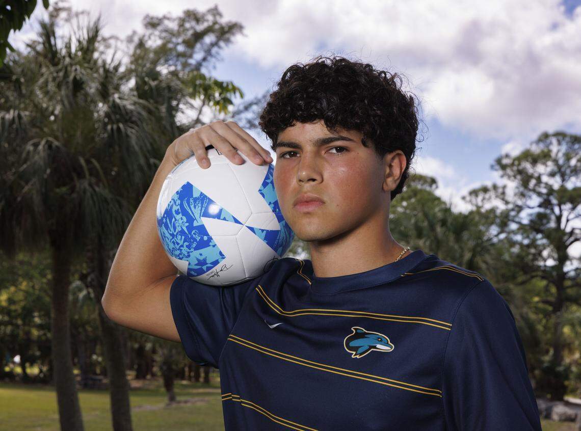 Eduardo Jerez, soccer player from Downtown Doral Charter Upper School, poses during the Miami-Dade Players of the Year photoshoot with the Miami Herald on Wednesday, March 11, 2026, at A.D. Barnes PArk in Miami, Fla.