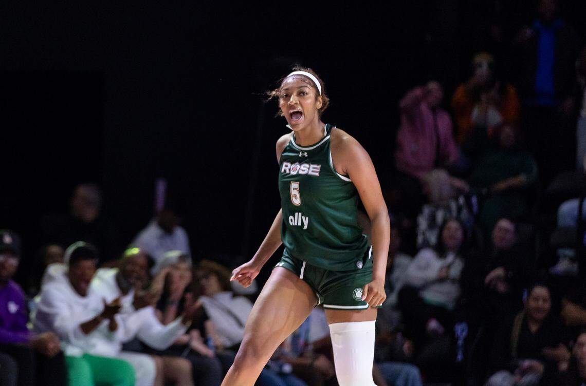 Rose Angel Reese (5) reacts after a play against the Vinyl in the first half of their Unrivaled basketball game at the Wayfair Arena on Friday, Jan. 17. 2024, in Miami, Fla.