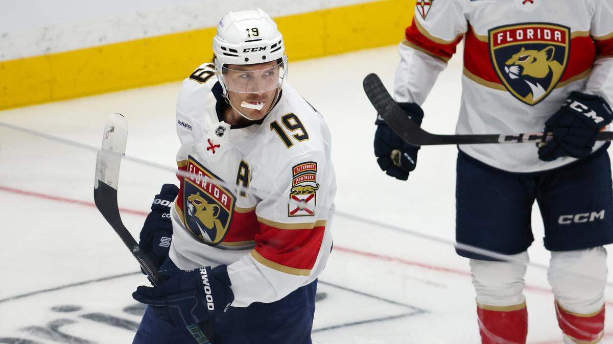 Florida Panthers left wing Matthew Tkachuk (19) celebrates after scoring a goal on Tampa Bay Lightning goaltender Andrei Vasilevskiy (88) during the second period in game one of the first round of the Stanley Cup Playoffs on Tuesday, April 22, 2025 in Tampa.