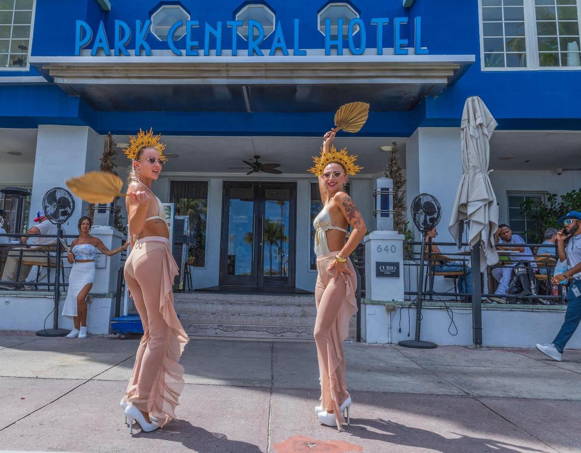 Dancers Elena Lapteya of Russia (left) and Natalia Khrystenko of Ukraine perform in front of the Park Central Hotel in South Beach, during spring break, in Miami Beach, Florida, on Saturday March 22, 2025.