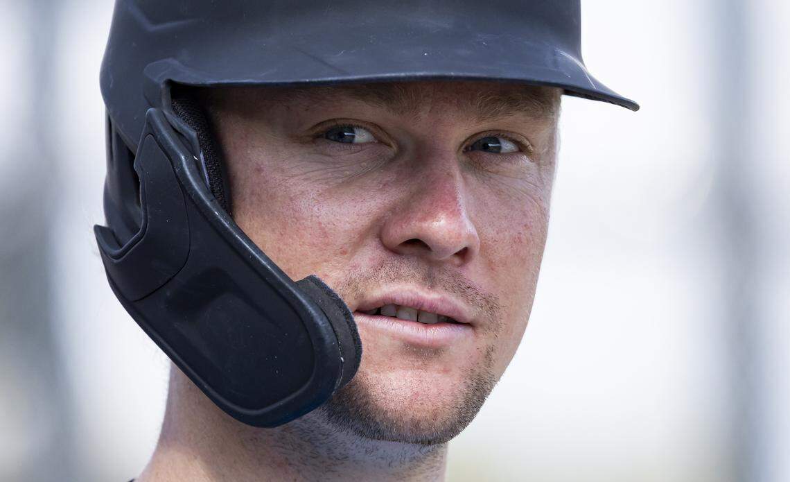 Miami Marlins left fielder Kyle Stowers (28) looks on during the team’s first full-squad spring training workout at Roger Dean Stadium on Monday, Feb. 16, 2026, in Jupiter, Fla.