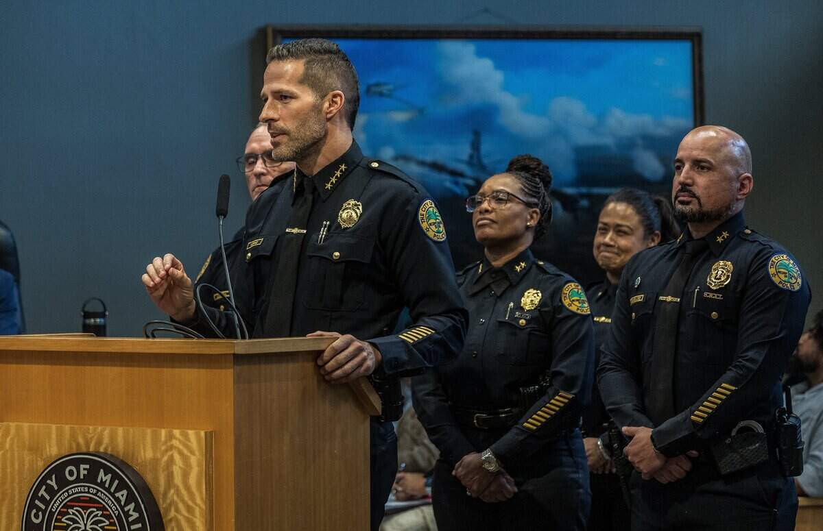 City of Miami Police Chief Edwin López responds to questions related to the 287(g) city agreement with ICE, from commissioners flanked by his command staff, during a Miami City Commission meeting, at City Hall, on Thursday June 25, 2026.