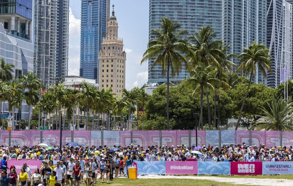 People arrive to the FIFA Fan Festival Miami at Bayfront Park on Saturday, June 13, 2026, in downtown Miami, Fla.