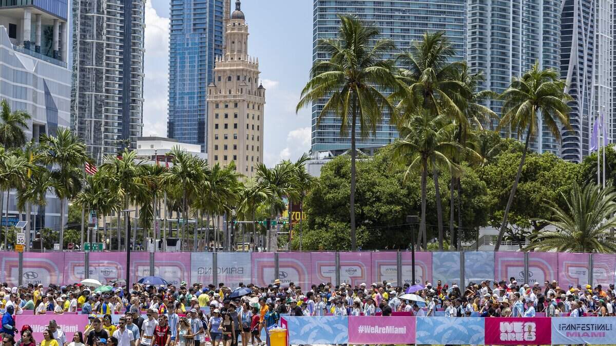 People arrive to the FIFA Fan Festival Miami at Bayfront Park on Saturday, June 13, 2026, in downtown Miami, Fla.