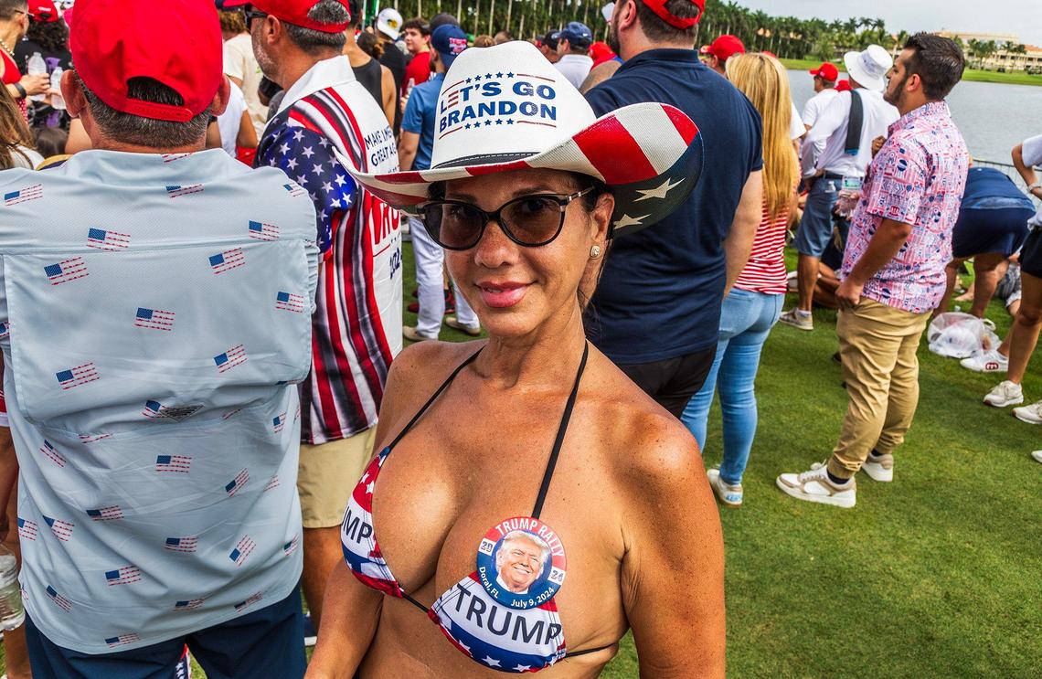 Former President Donald Trump supporter Melissa Hernandez of Miami wears a bikini as she attended a rally at the Trump National Doral Miami, in Doral on Tuesday, July 09, 2024.