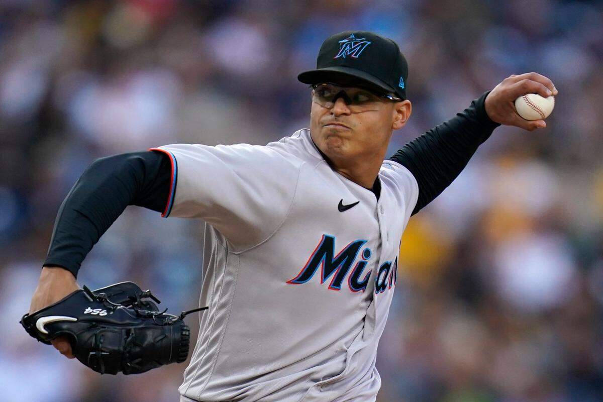 Miami Marlins starting pitcher Jesus Luzardo works against a San Diego Padres batter during the second inning of a baseball game Thursday, May 5, 2022, in San Diego.
