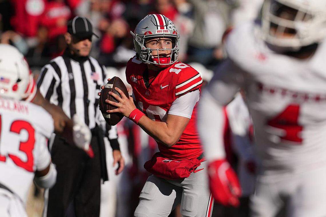 COLUMBUS, OHIO - NOVEMBER 22: Quarterback Julian Sayin #10 of the Ohio State Buckeyes looks to pass the ball  during the third quarter against the Rutgers Scarlet Knights at Ohio Stadium on November 22, 2025 in Columbus, Ohio. (Photo by Jason Mowry/Getty Images)