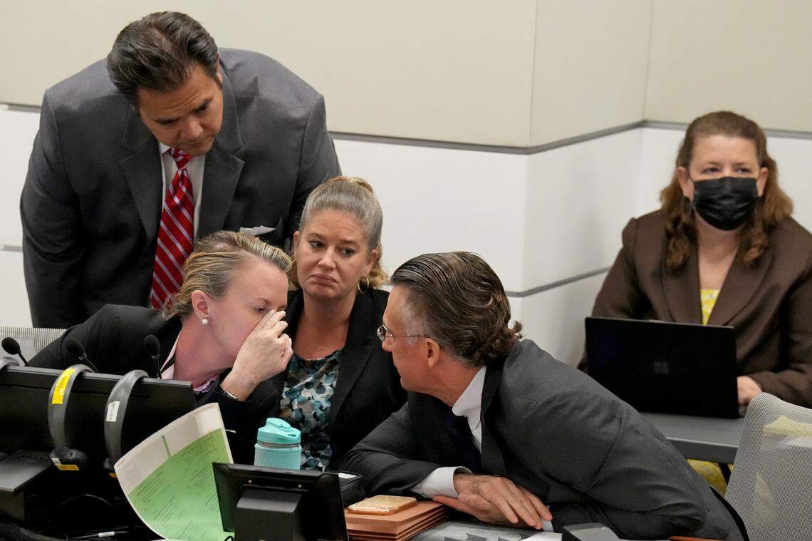 Defense attorneys, from left; David Wheeler, Melisa McNeill, Nawal Bashimam, and Casey Secor confer during a hearing in the penalty phase of the trial of Marjory Stoneman Douglas High School shooter Nikolas Cruz at the Broward County Courthouse in Fort Lauderdale.
