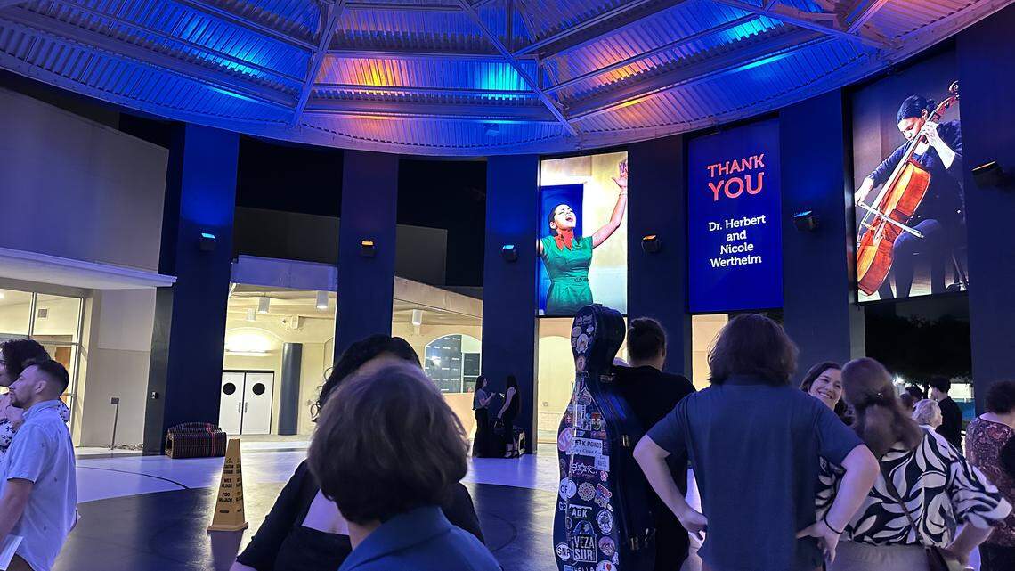 Patrons of Alhambra Orchestra’s season finale that featured a closing performance of Beethoven’s Fifth Symphony gather afterward inside The Wertheim, FIU’s Herbert and Nicole Wertheim School of Music & Performing Arts building on April 26, 2026.