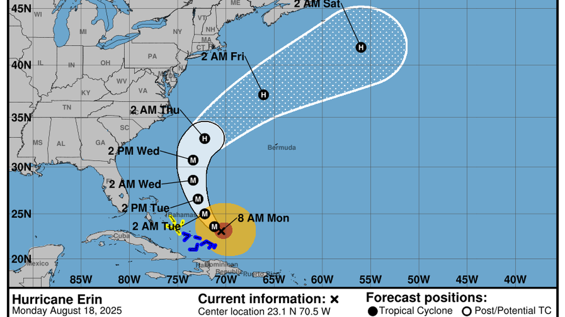 Hurricane Erin’s outer winds battered the easternmost Bahamian islands on Monday morning as the storm churned northwest.