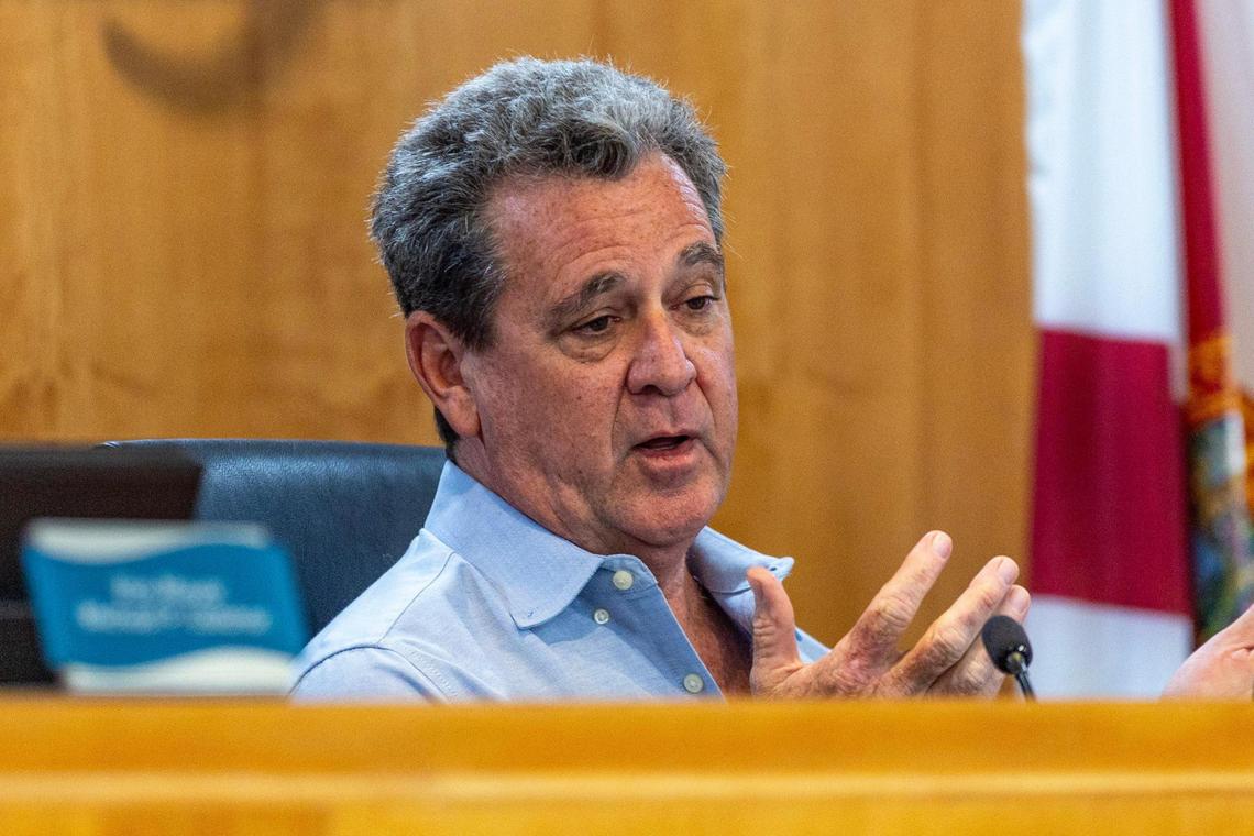 Cutler Bay Mayor Tim Meerbott speaks during a Nov. 29, 2023, town council meeting about the Miami-Dade County Homeless Trust’s plan to convert a La Quinta Inn motel into affordable apartments for the formerly homeless.