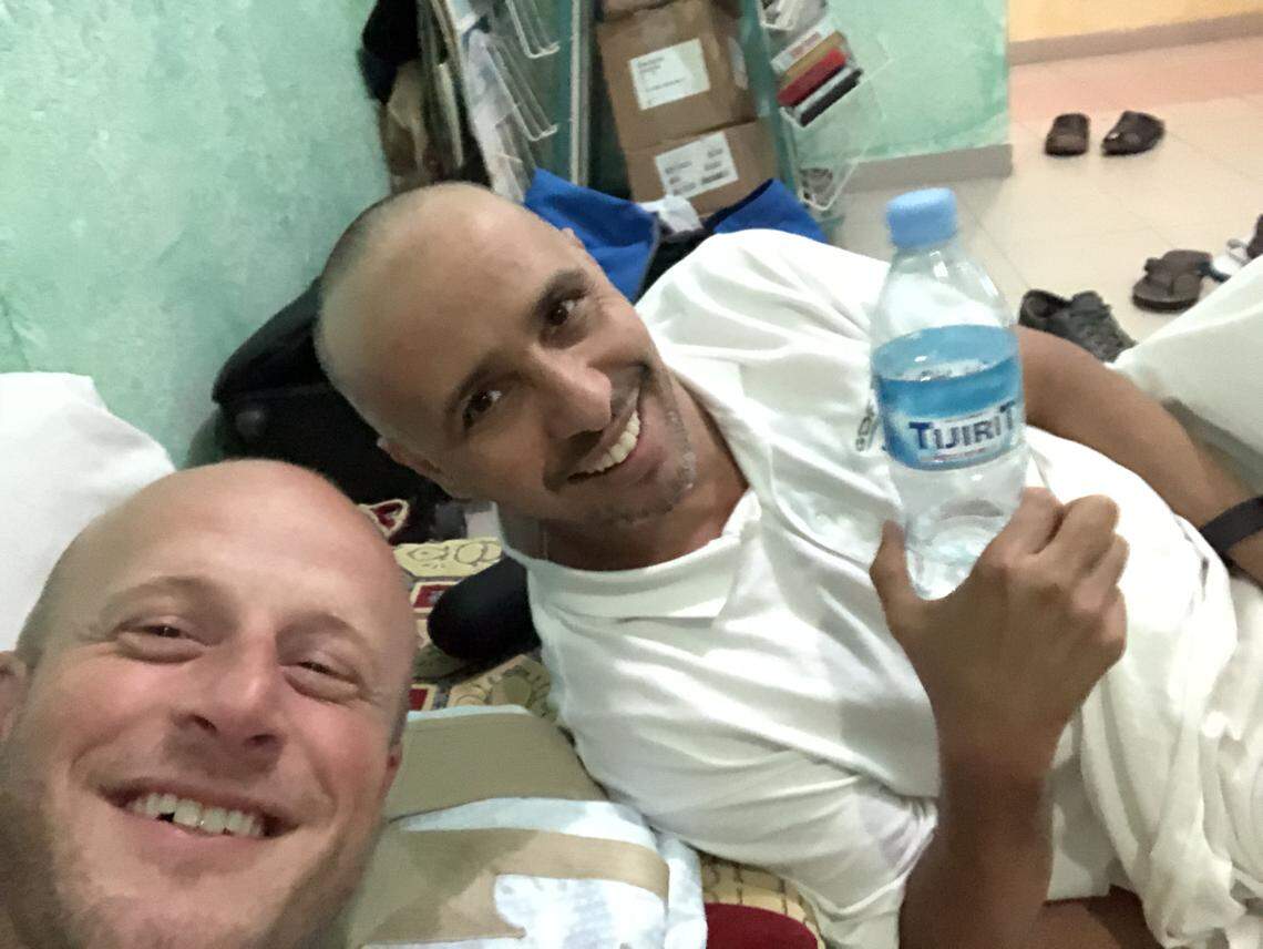 Former Guantánamo guard Steve Wood of Oregon takes a selfie with his former prisoner Mohammed Ould Slahi at Slahi's apartment in Mauritania on May 18, 2018.