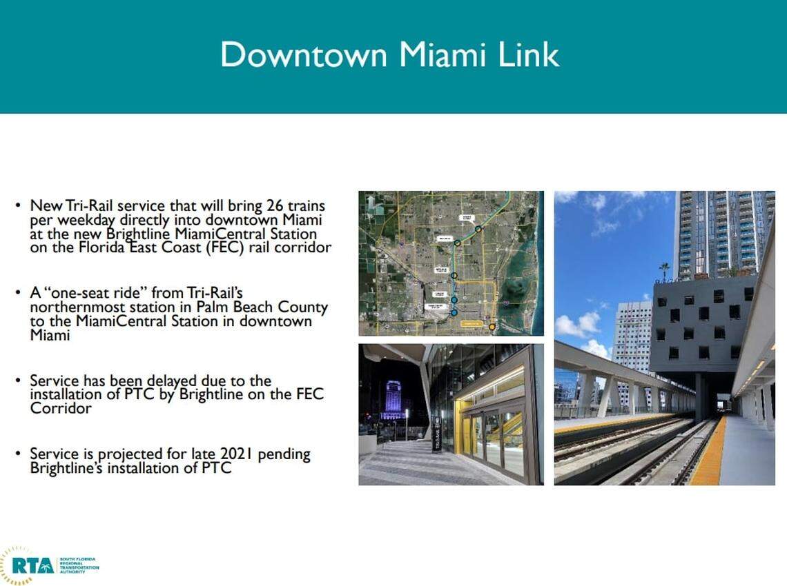 A presentation by the South Florida Regional Transportation Authority, Tri-Rail’s parent, in a 2021 report by the Florida Transportation Commission touted a “one-seat ride” from West Palm Beach once the agency opened a Miami station. That hasn’t happened, but Tri-Rail’s director said the current required transfer will eventually be eliminated.