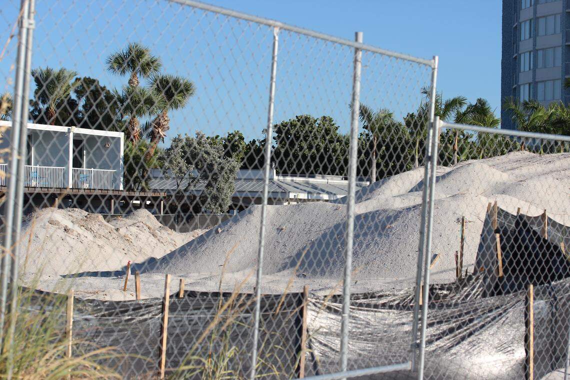 Piles of sand at a construction site on St. Pete Beach in November 2025.