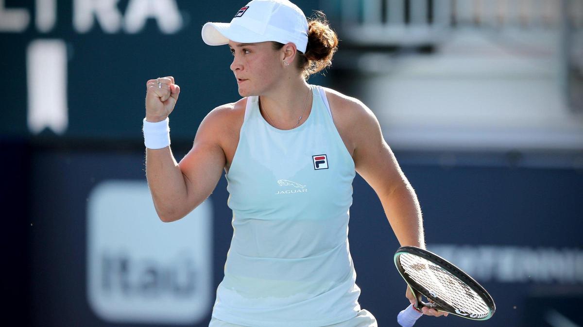 Ashleigh Barty pumps her fist during her 6-3, 4-6, 7-5 victory against Kristina Kucova at the Miami Open at Hard Rock Stadium in Miami Gardens on Thursday, March 25, 2021.