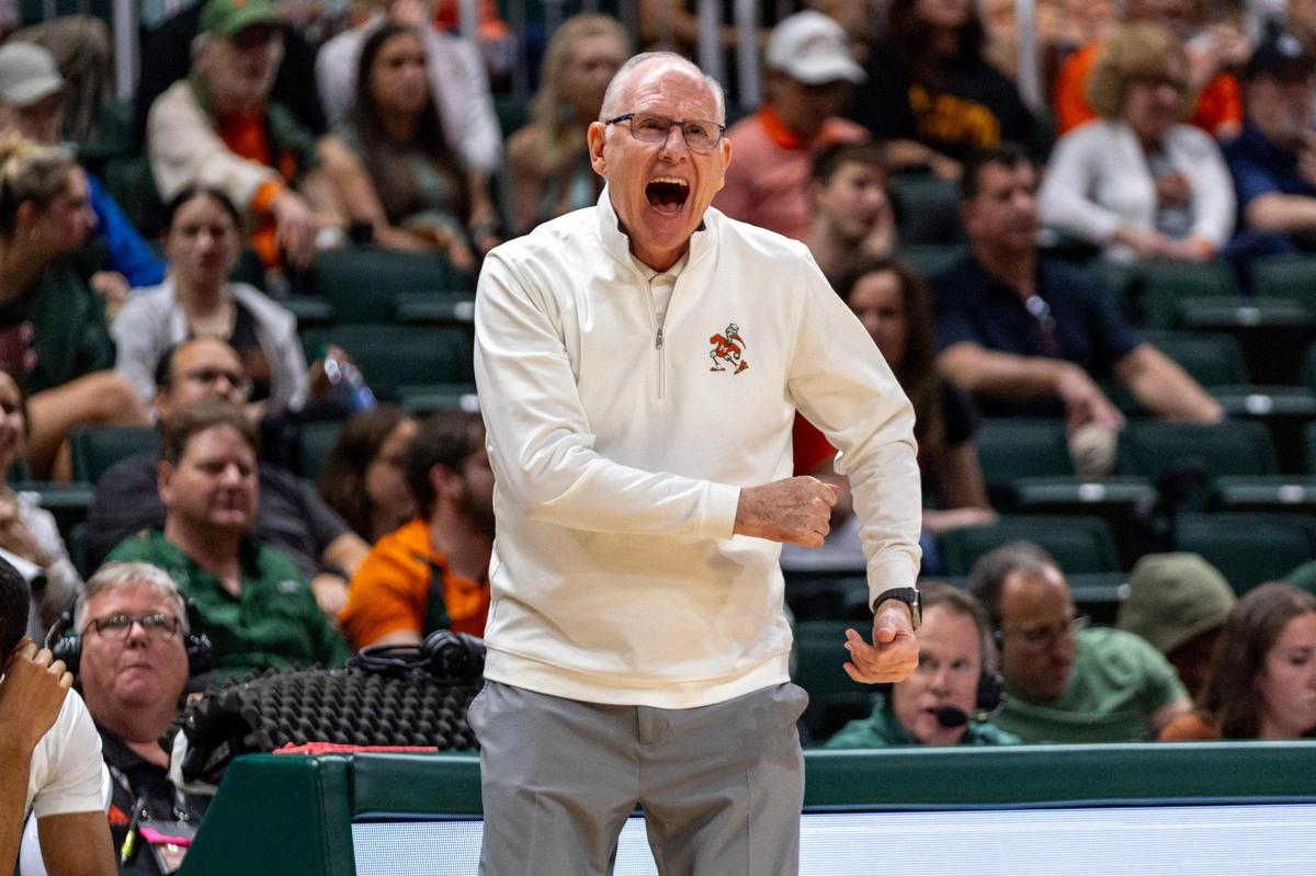 Hurricanes Head Coach Jim Larrañaga reacts from the sideline during the second half of an NCAA basketball game at Watsco Center in Coral Gables, Florida on Wednesday, March 6, 2024.
