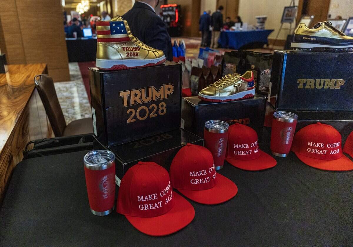 View of President Donald Trump’s items for sale on display during the Republican Party of Florida Sunshine State Showdown event, at the Seminole Hard Rock Hotel & Casino in Hollywood, Florida on Saturday, June 27, 2026.