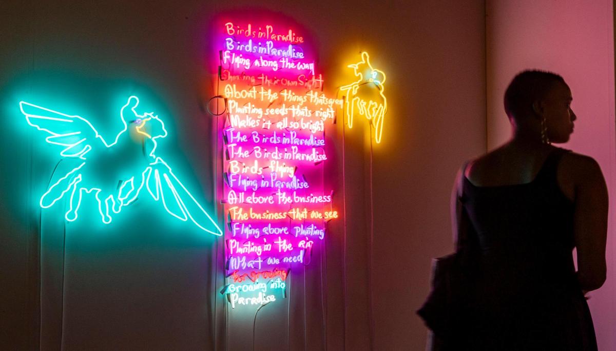 Miami Beach, Florida, December 6, 2023 - A work in neon by Artist Jacoby Satterwhite at the Miami Beach Convention Center during Art Basel VIP day.