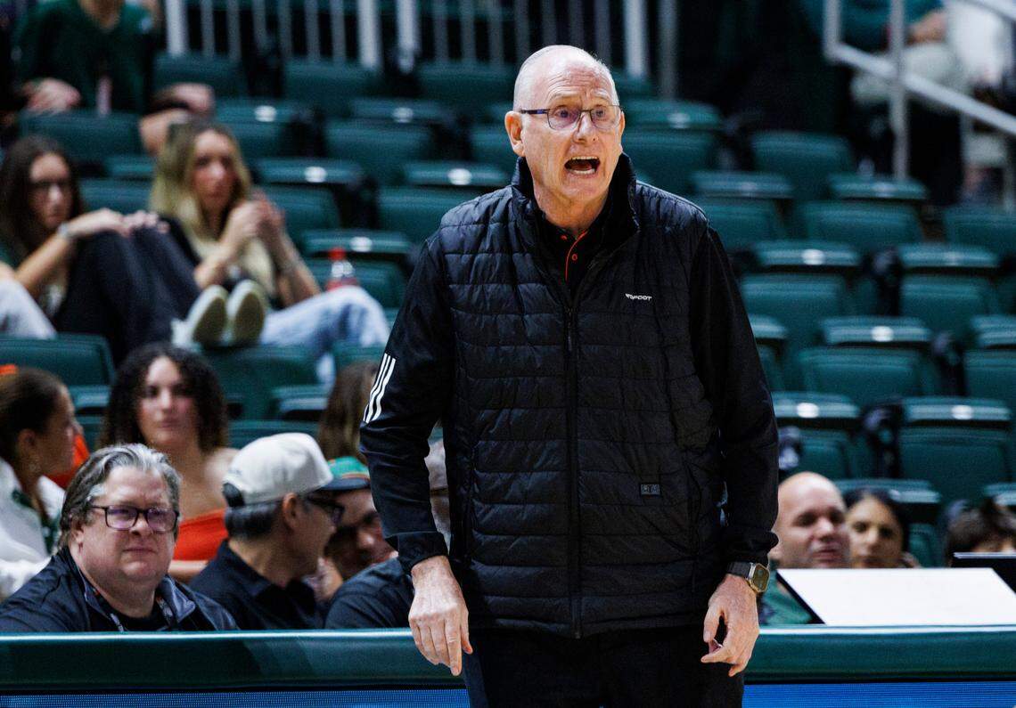 Hurricanes Head Coach Jim Larrañaga yells to the team during the second half of a game against Saint Leo on Wednesday, Oct. 30, 2024, at Watsco Center at the University of Miami in Coral Gables, Fla.
