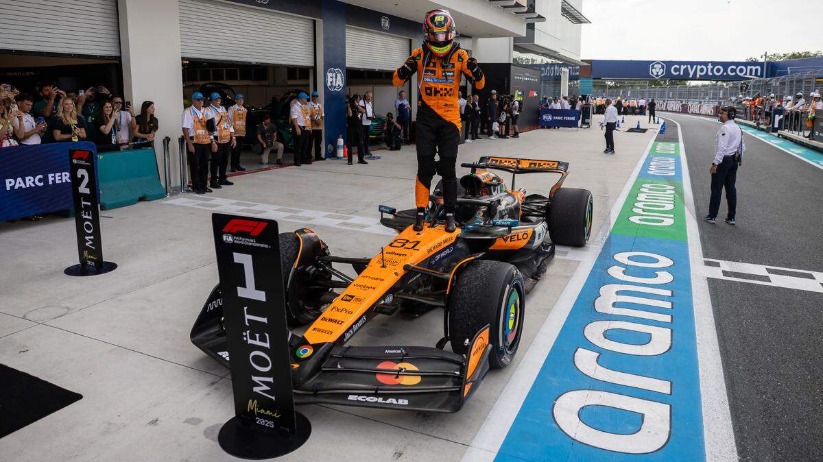 McLaren driver Oscar Piastri of Australia celebrates after placing first in the Formula One Miami Grand Prix at the Miami International Autodrome on Sunday, May 4, 2025, in Miami Gardens, Fla.