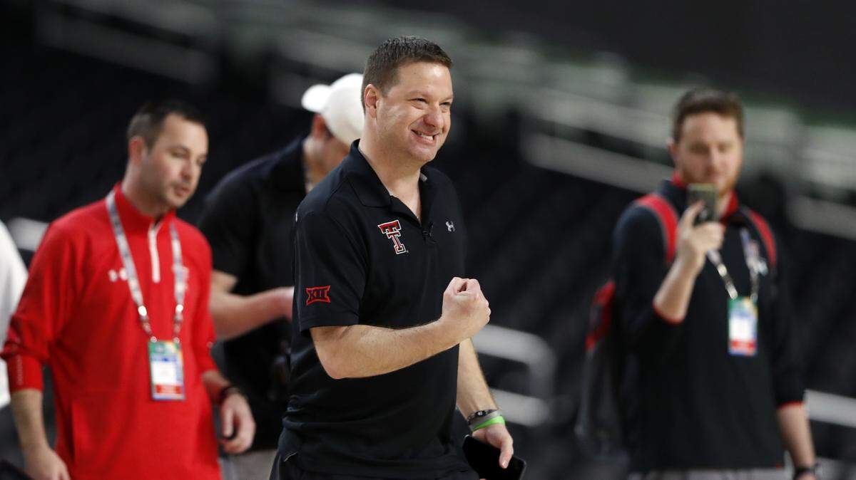 Texas Tech coach Chris Beard pumps his fist during a practice session for the semifinals of the Final Four NCAA college basketball tournament, Friday, April 5, 2019, in Minneapolis.