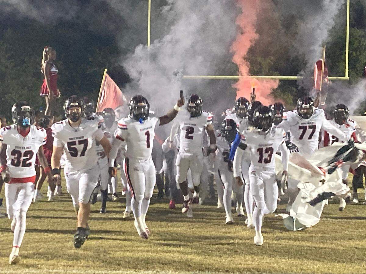 Miami Southridge players enter the field on Friday night before playing West Boca Raton High in a Class 6A state semifinal.