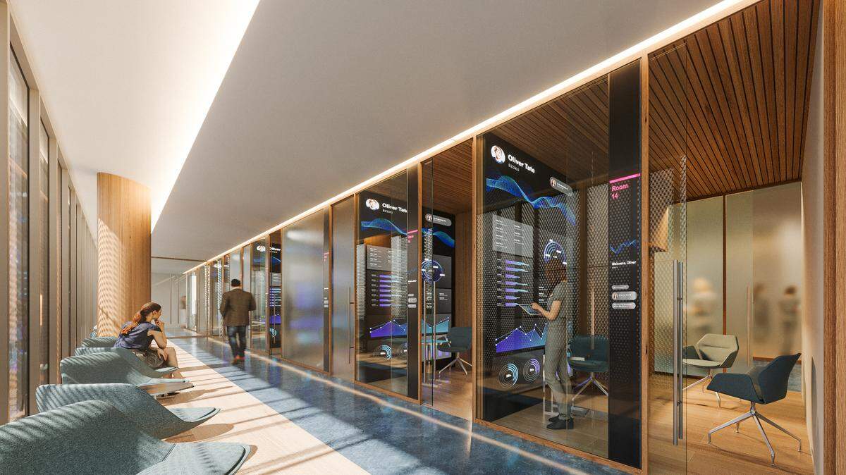 Royal Palm Companies signed a lease with Adventist Health and Blue Zones to manage its 120,000-square-foot medical and well-being facility. A rendering shows part of the inside of the 10-story center.