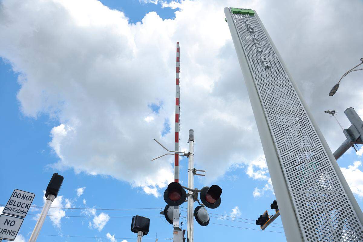 A view of a gate arm by the Metro Express BRT station at SW 152nd Street on the South Dade TransitWay in Miami, Florida, Wednesday, October 1, 2025. Gate arms will come down to alert drivers and pedestrians when a bus is coming.