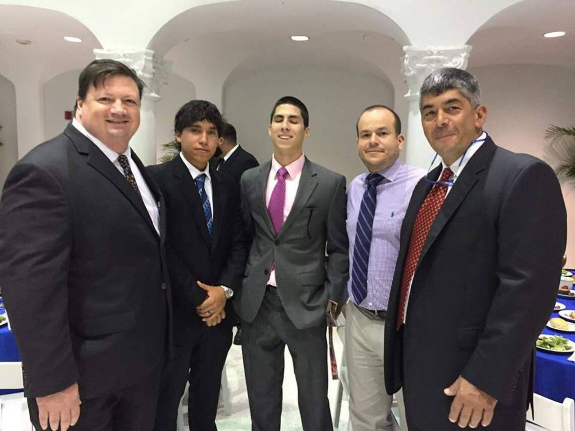 In this 2016 photo, from left to right: Nicholas Spezzo, dean of Academic Affairs & Student Services for Miami Dade College Homestead; Miami Dade College aviation students Jorge Sanchez and Michael Coppo, and two instructors from the School of Aviation.
