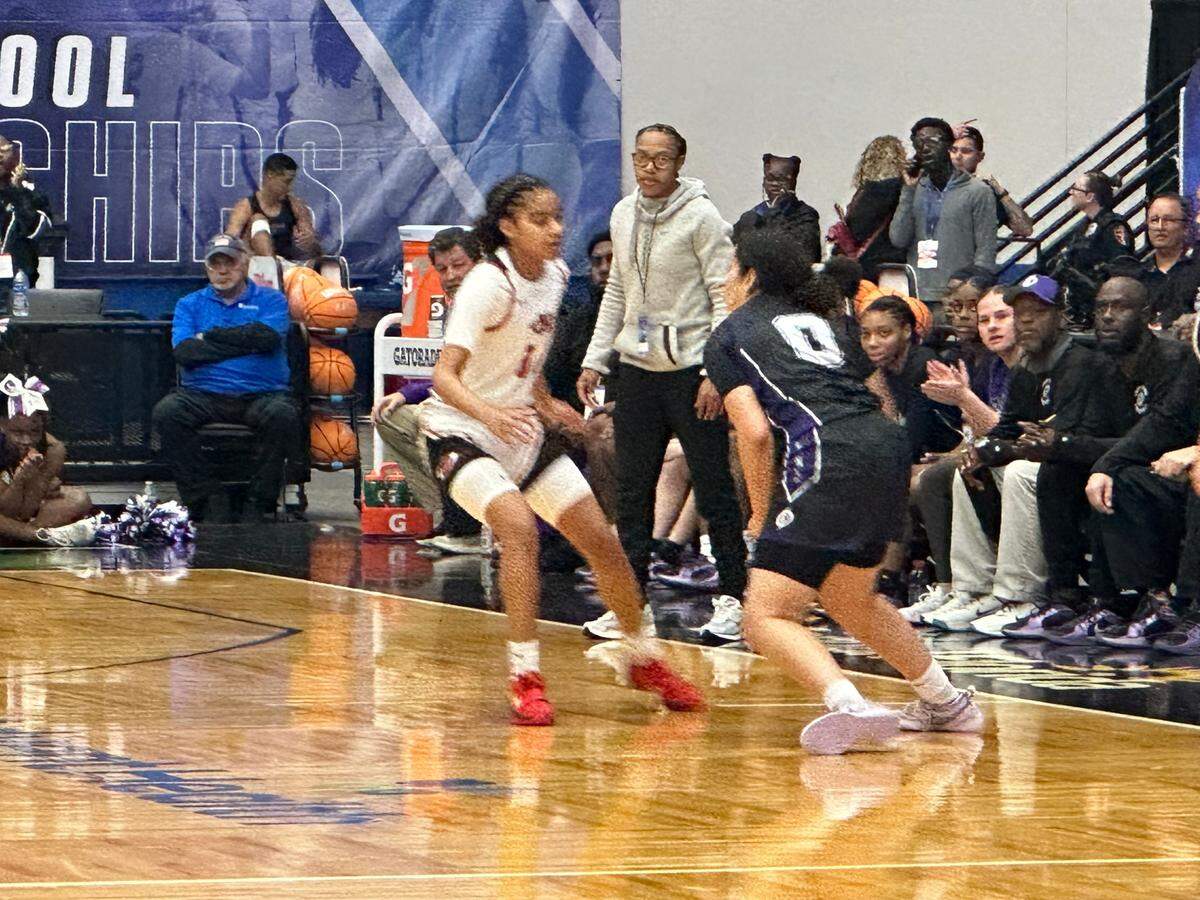 Northeast guard Summer Williams (left) guards Gainesville’s Jamison Cardwell (right) on Wednesday during a Class 5A state girls’ basketball semifinal at the RP Funding Center in Lakeland, Fla.